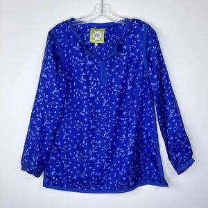 ELIZABETH McKAY Preppy Blue 100% Silk Blouse Gold Button Cuffs Sz 10 Career Work